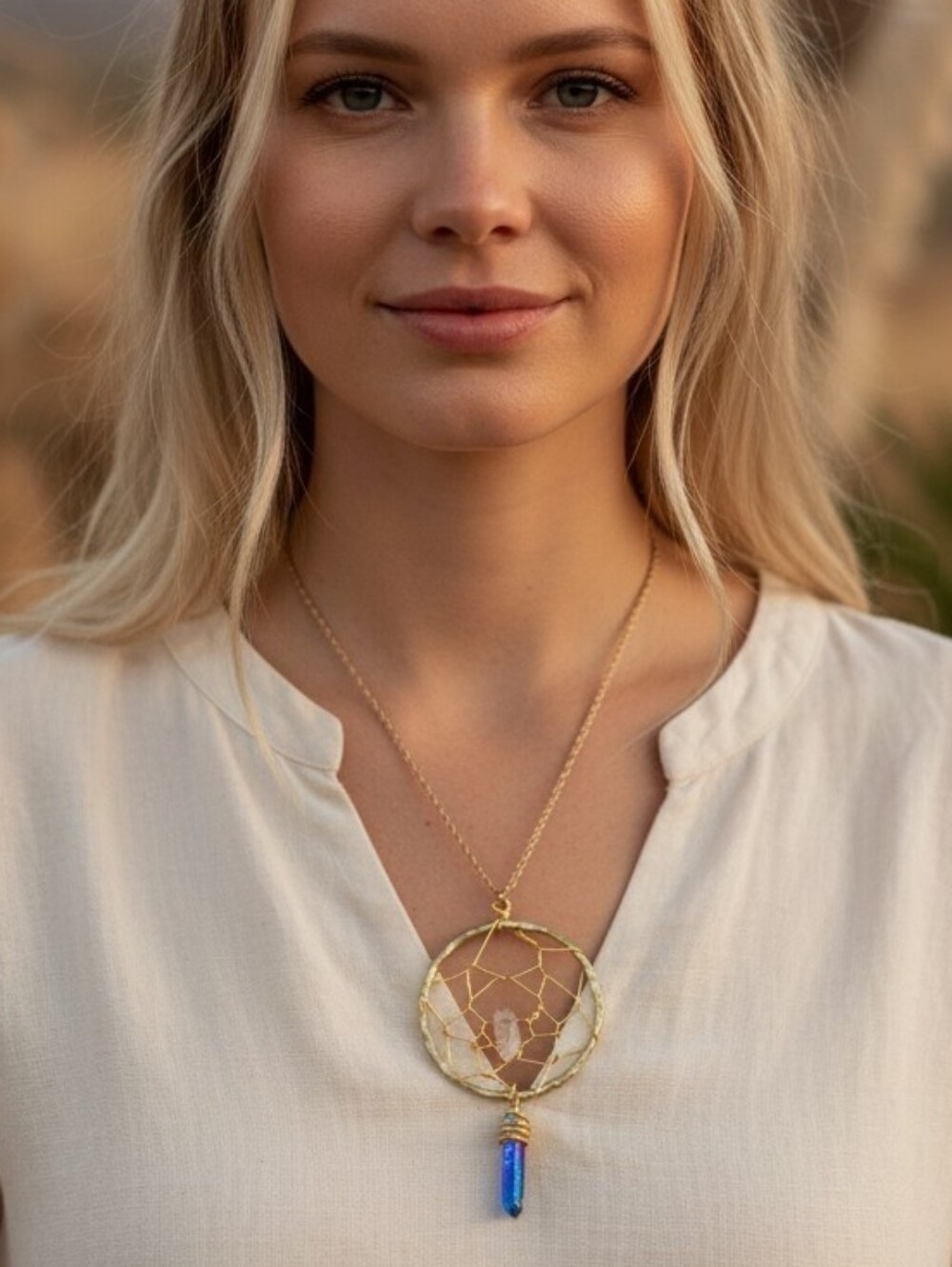Long Metallic Blue Quartz Dream Catcher Necklace